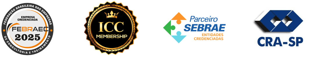Selos de credibilidade: FEBRAEC Empresa Credenciada 2025, ICC Membership, Parceiro SEBRAE, CRA-SP